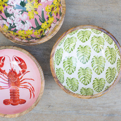 Bowl de Madera de Mango con Diseño de Hojas Verdes