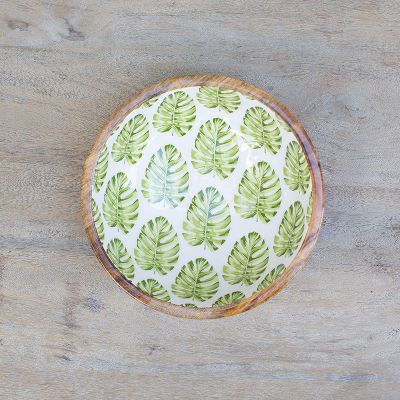 Bowl de Madera de Mango con Diseño de Hojas Verdes