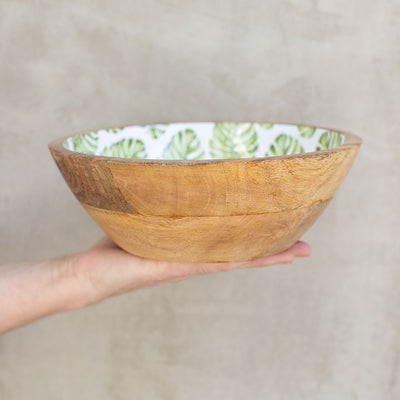 Bowl de Madera de Mango con Diseño de Hojas Verdes