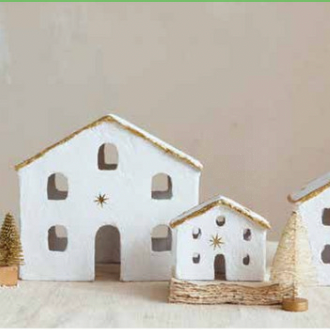 Set de 3 Casitas de Papel Maché con Estrellas en Pan de Oro
