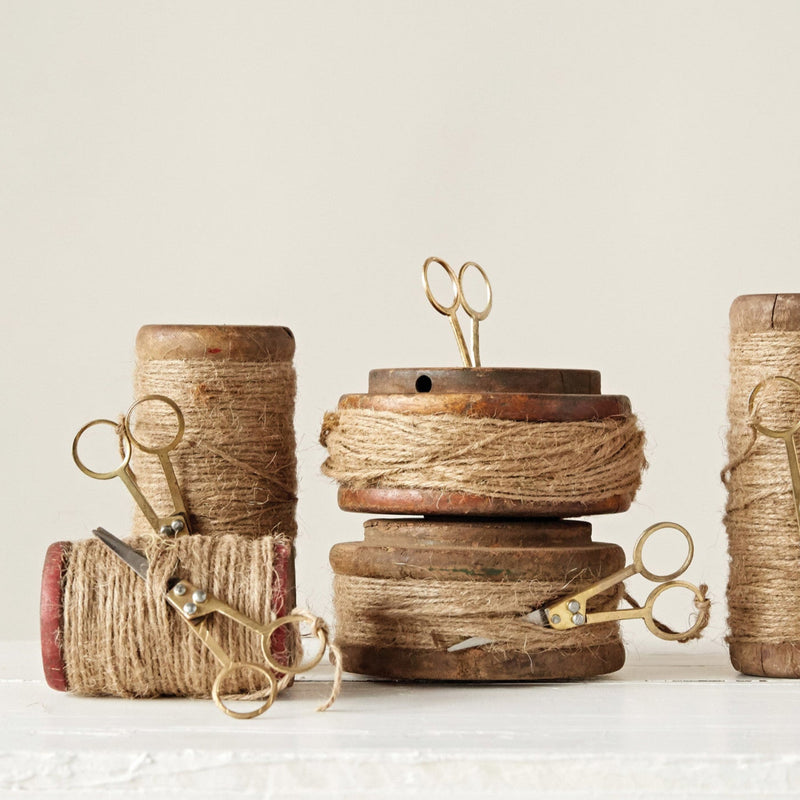 Set de 3 Carretes de Madera Recuperada con Yute y Tijeras