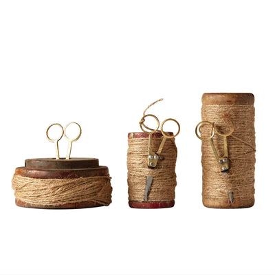 Set de 3 Carretes de Madera Recuperada con Yute y Tijeras