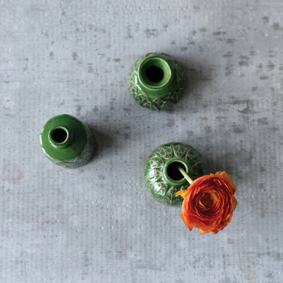 Set de 3 Jarrones de Ceramica Repujada Verde