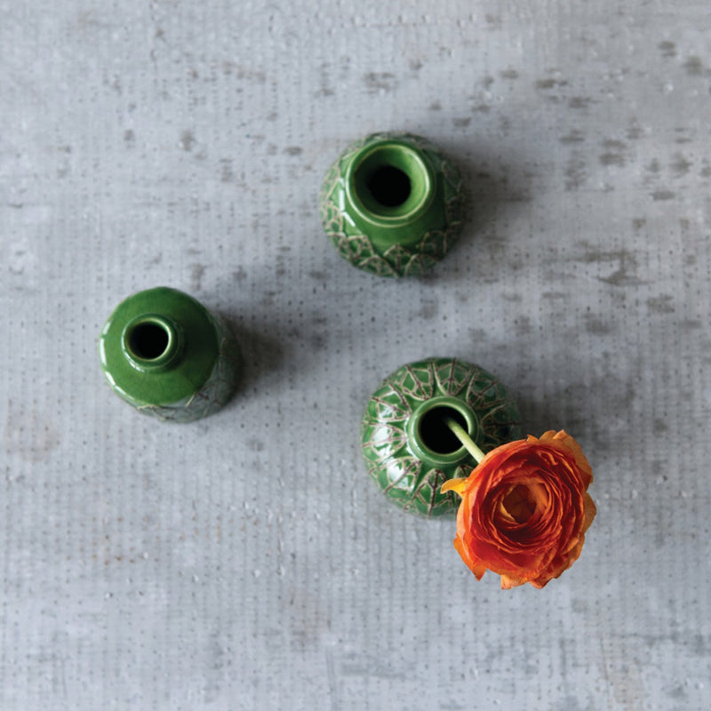 Set de 3 Jarrones de Ceramica Repujada Verde