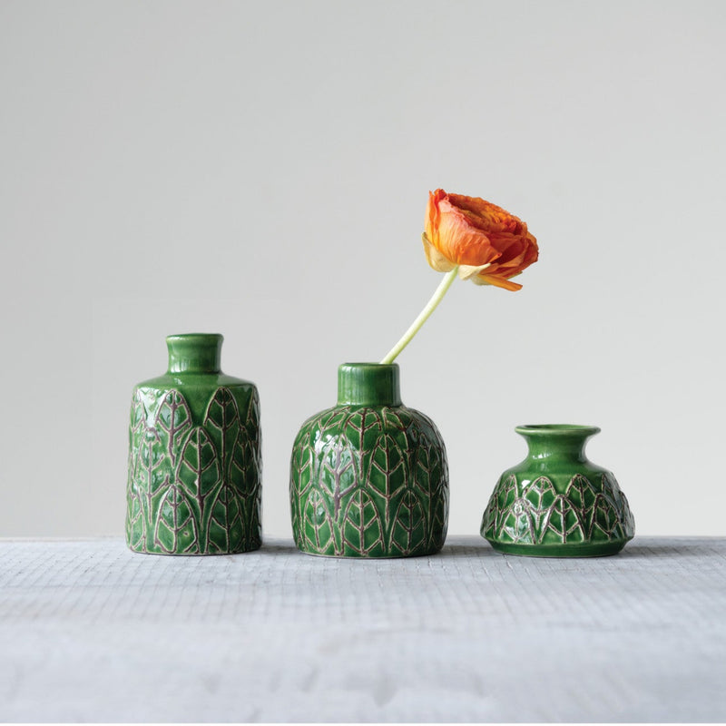 Set de 3 Jarrones de Ceramica Repujada Verde