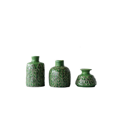 Set de 3 Jarrones de Ceramica Repujada Verde