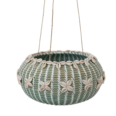 Cesta/Maceta Colgante de Rattan con Conchas y Colgador de Yute – Aguamarina