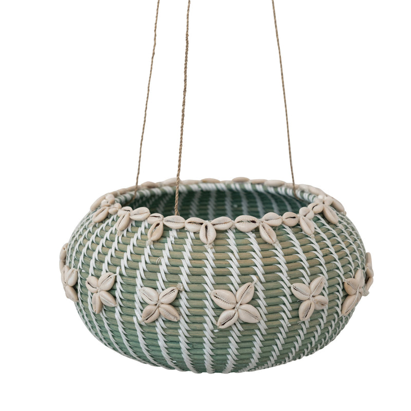 Cesta/Maceta Colgante de Rattan con Conchas y Colgador de Yute – Aguamarina