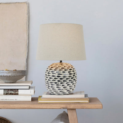 Lámpara de Mesa de Capiz y Bambú con Pantalla de Lino – Azul y Blanco