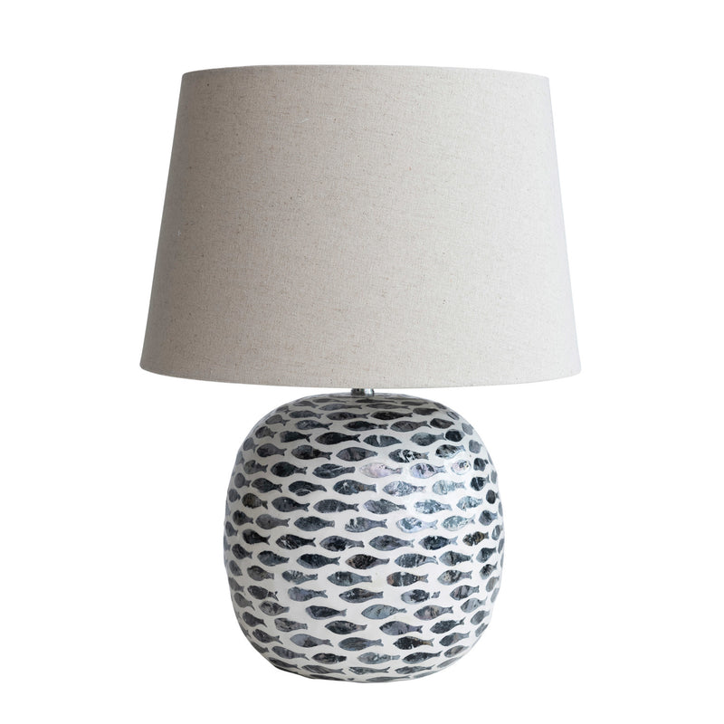 Lámpara de Mesa de Capiz y Bambú con Pantalla de Lino – Azul y Blanco