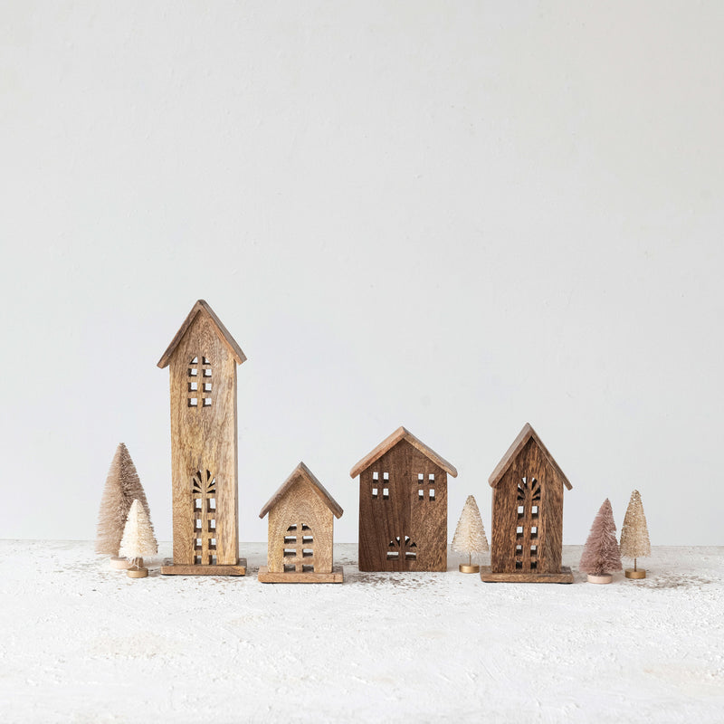 Set de 4 Casitas Talladas en Madera – Decoración Navidad
