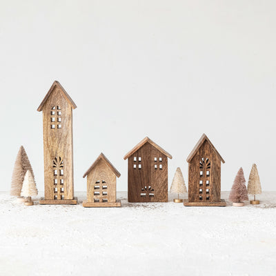 Set de 4 Casitas Talladas en Madera – Decoración Navidad