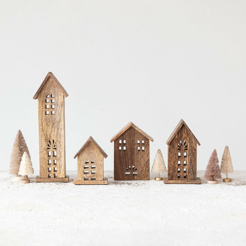 Set de 4 Casitas Talladas en Madera – Decoración Navidad