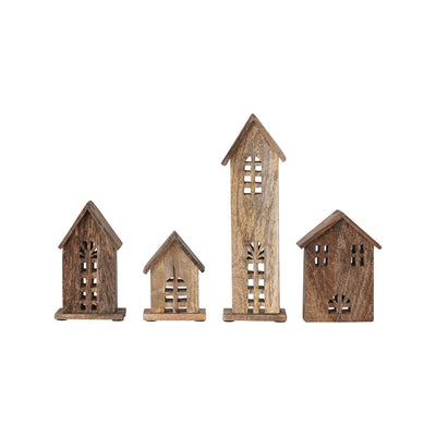 Set de 4 Casitas Talladas en Madera – Decoración Navidad