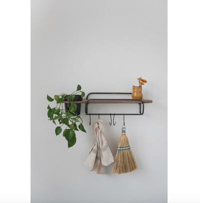 Estante de Pared de Metal y Madera con Macetero y 5 Ganchos